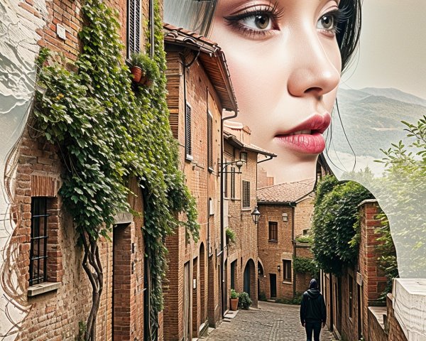 Charming Cobblestone Street with Lush Greenery and Portrait