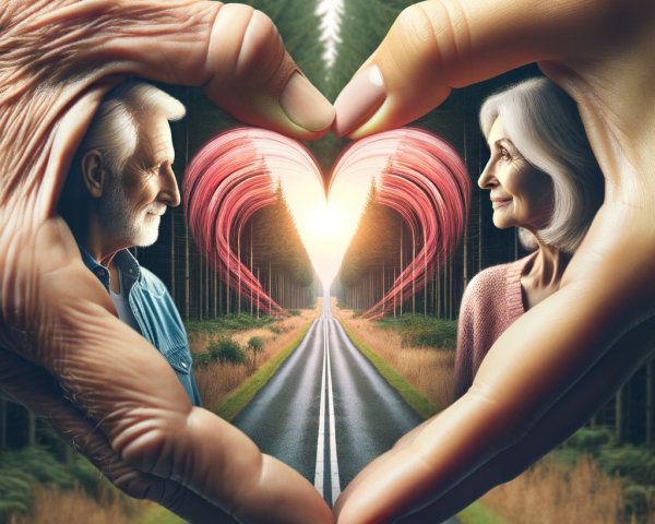 Elderly Couple Framed by Heart-Shaped Hands