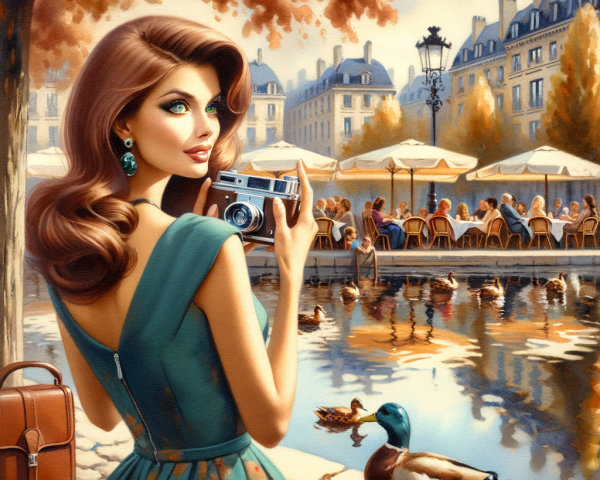 Stylish Woman with Camera by a Parisian Pond