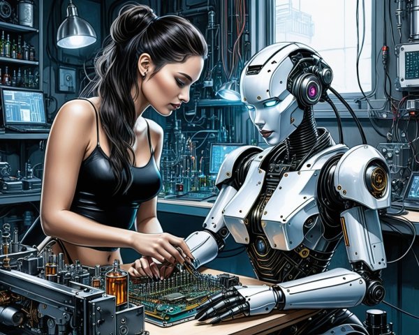 Futuristic Workshop with Woman and Humanoid Robot