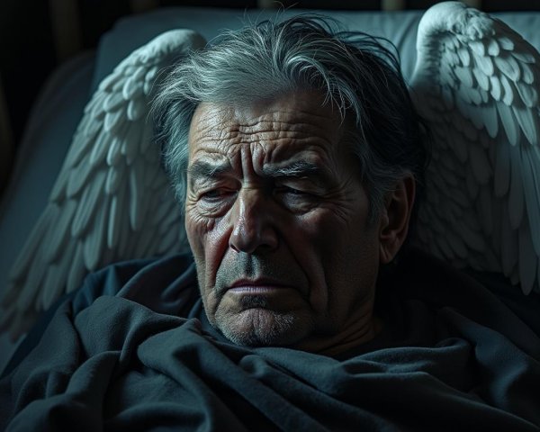 Elderly Man with Ethereal Wings in Somber Setting