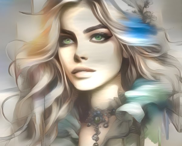 Stylized Portrait of a Woman with Wavy Hair and Green Eyes
