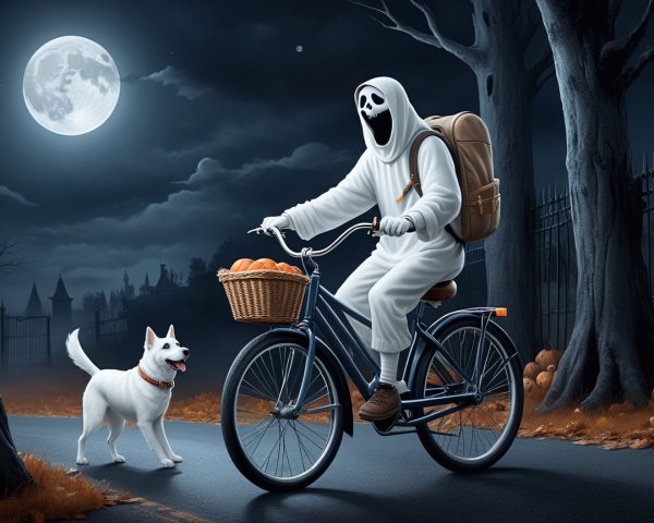 Ghostly Figure on Bicycle with Pumpkins and Dog