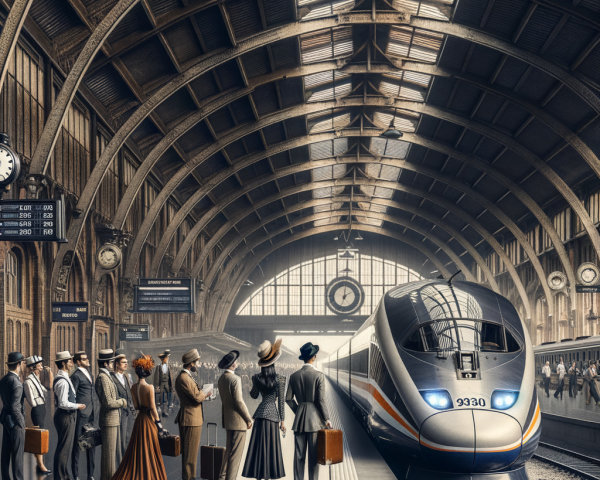 Vintage Train Station with Elegant Travelers and Architecture