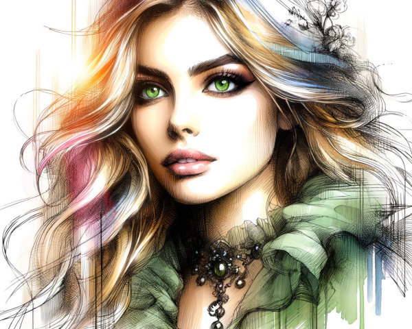 Illustration of a Young Woman with Green Eyes and Highlights