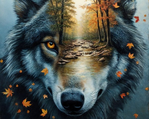 Wolf with Forest Landscape and Autumn Elements