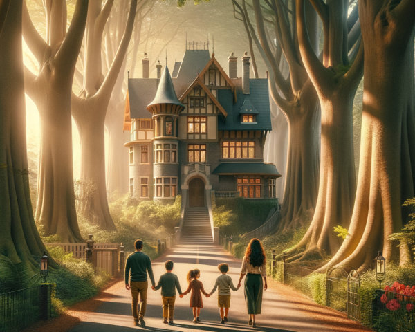 Family Stroll Toward Grand Old Mansion on Tree Path