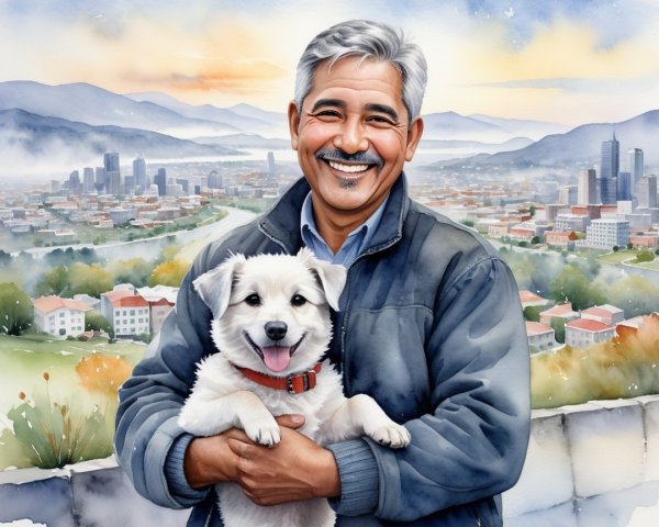 Cheerful man with dog overlooking scenic cityscape