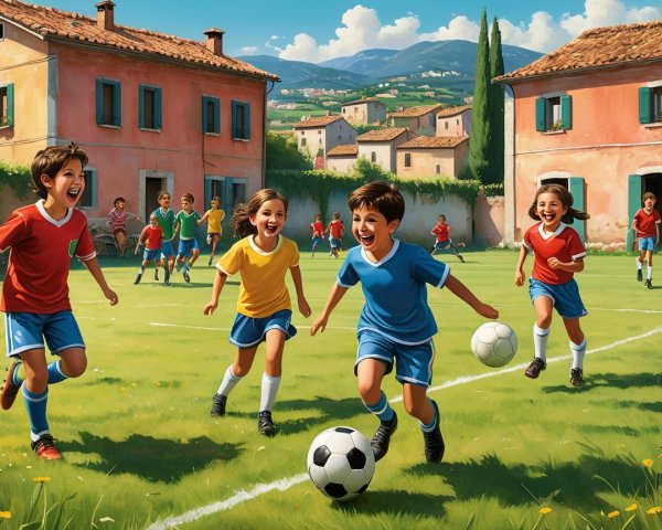 Children Playing Soccer in a Sunny Village Setting