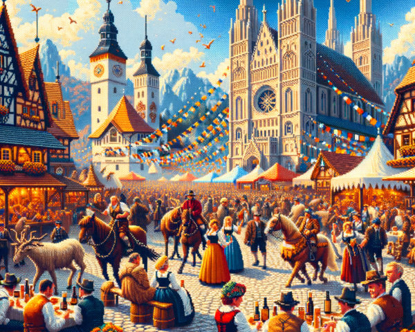 Vibrant Market Scene with Festive Activities and Mountains