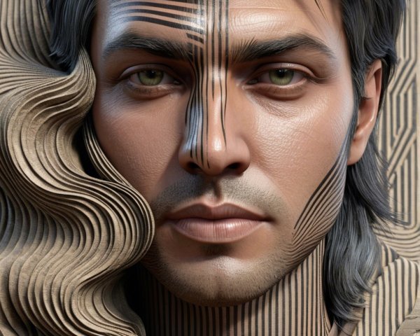 Close-up of a man with intricate skin patterns and wavy hair