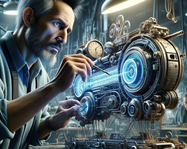 Futuristic Machine Assembly in Steampunk Workshop