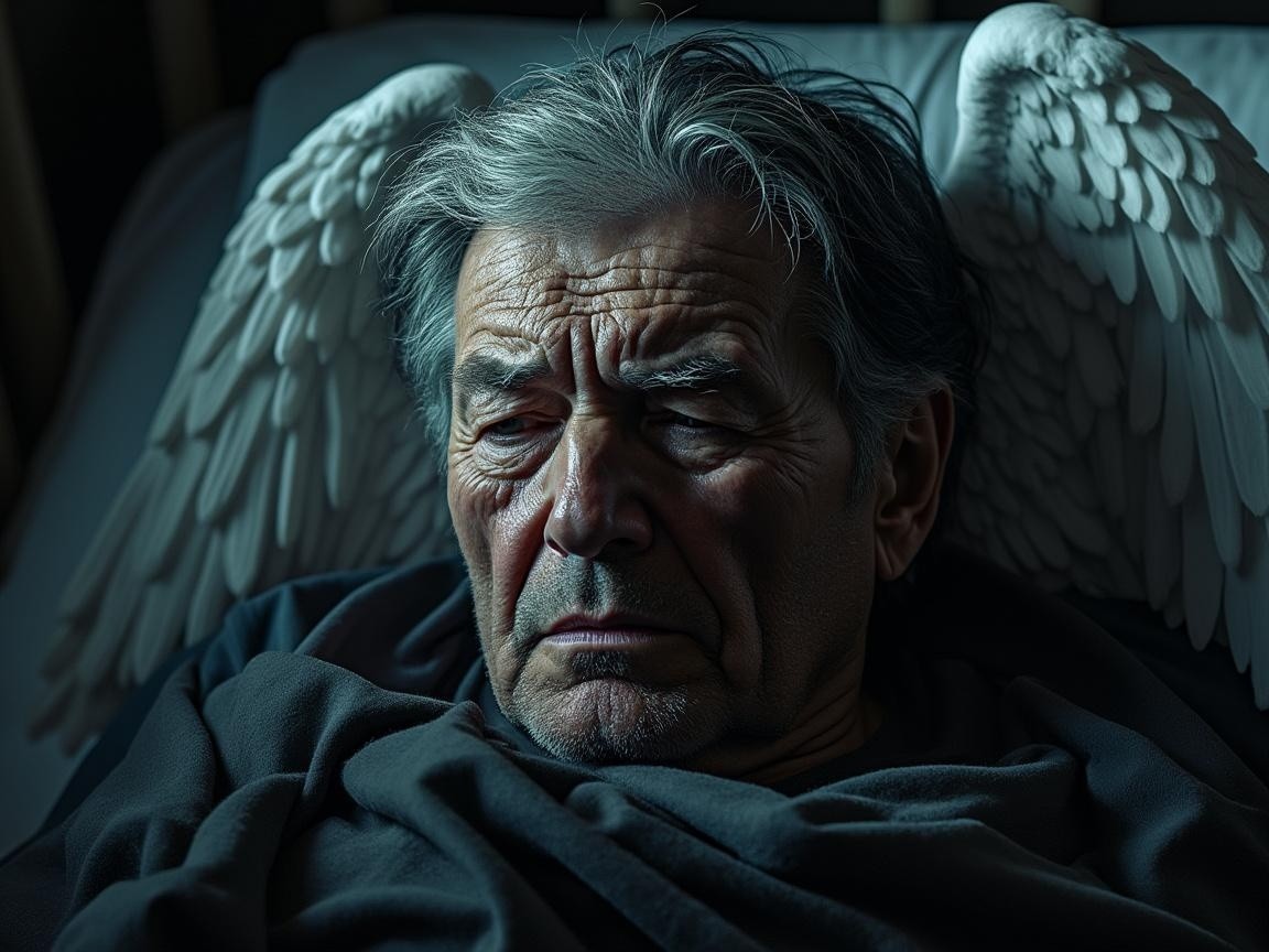 Elderly Man with Ethereal Wings in Somber Setting
