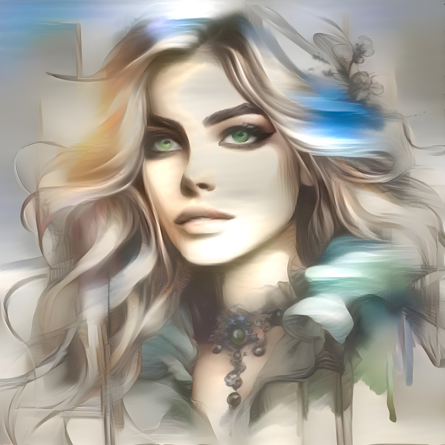 Stylized Portrait of a Woman with Wavy Hair and Green Eyes