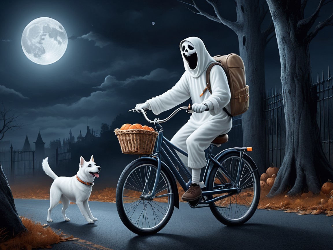 Ghostly Figure on Bicycle with Pumpkins and Dog