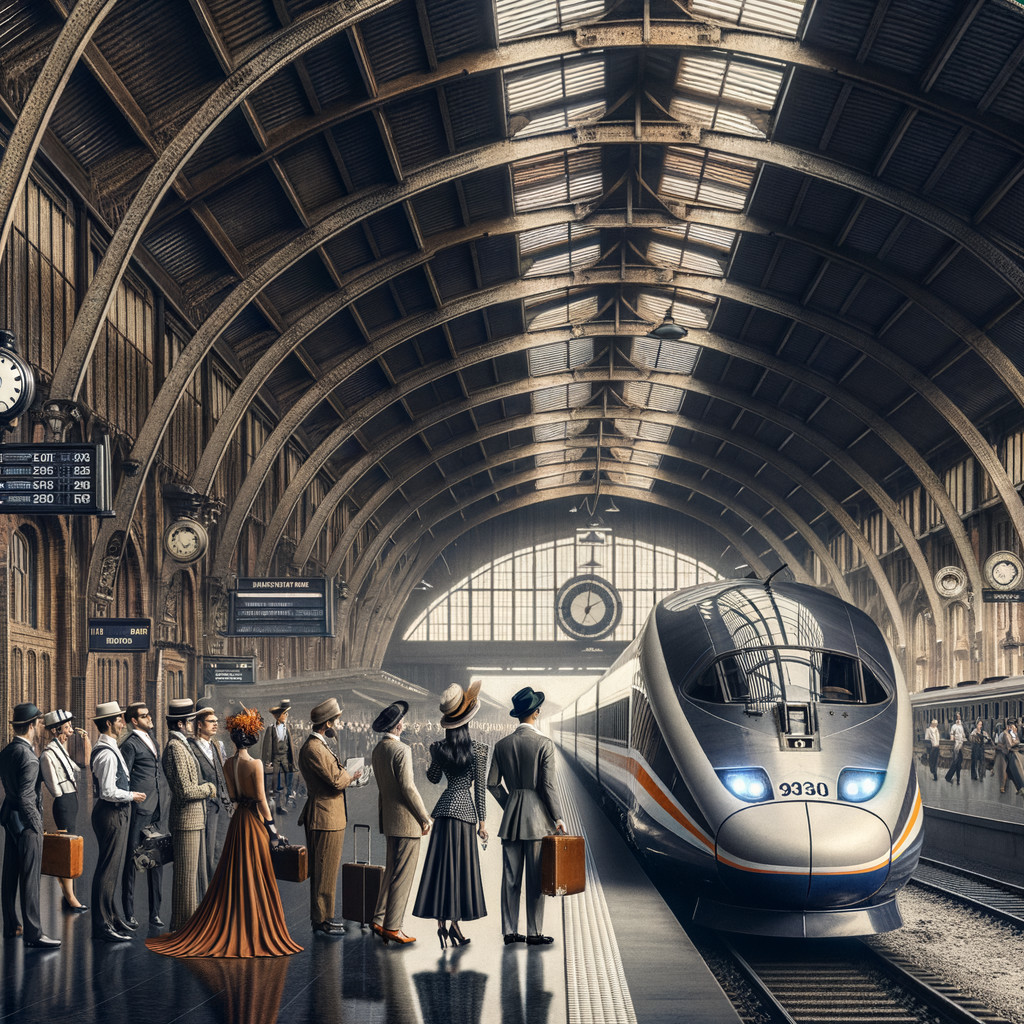 Vintage Train Station with Elegant Travelers and Architecture