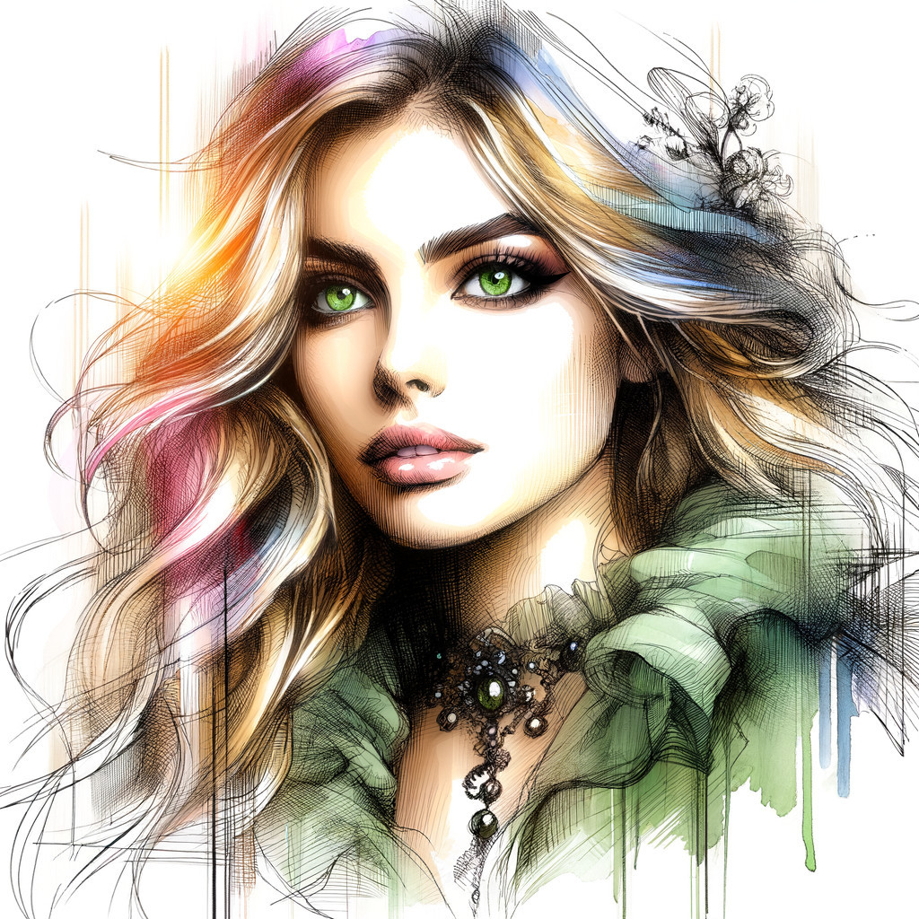 Illustration of a Young Woman with Green Eyes and Highlights