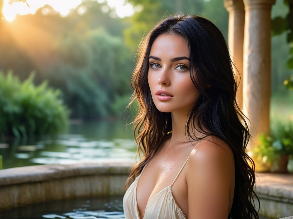 Young woman by serene water source in soft sunlight
