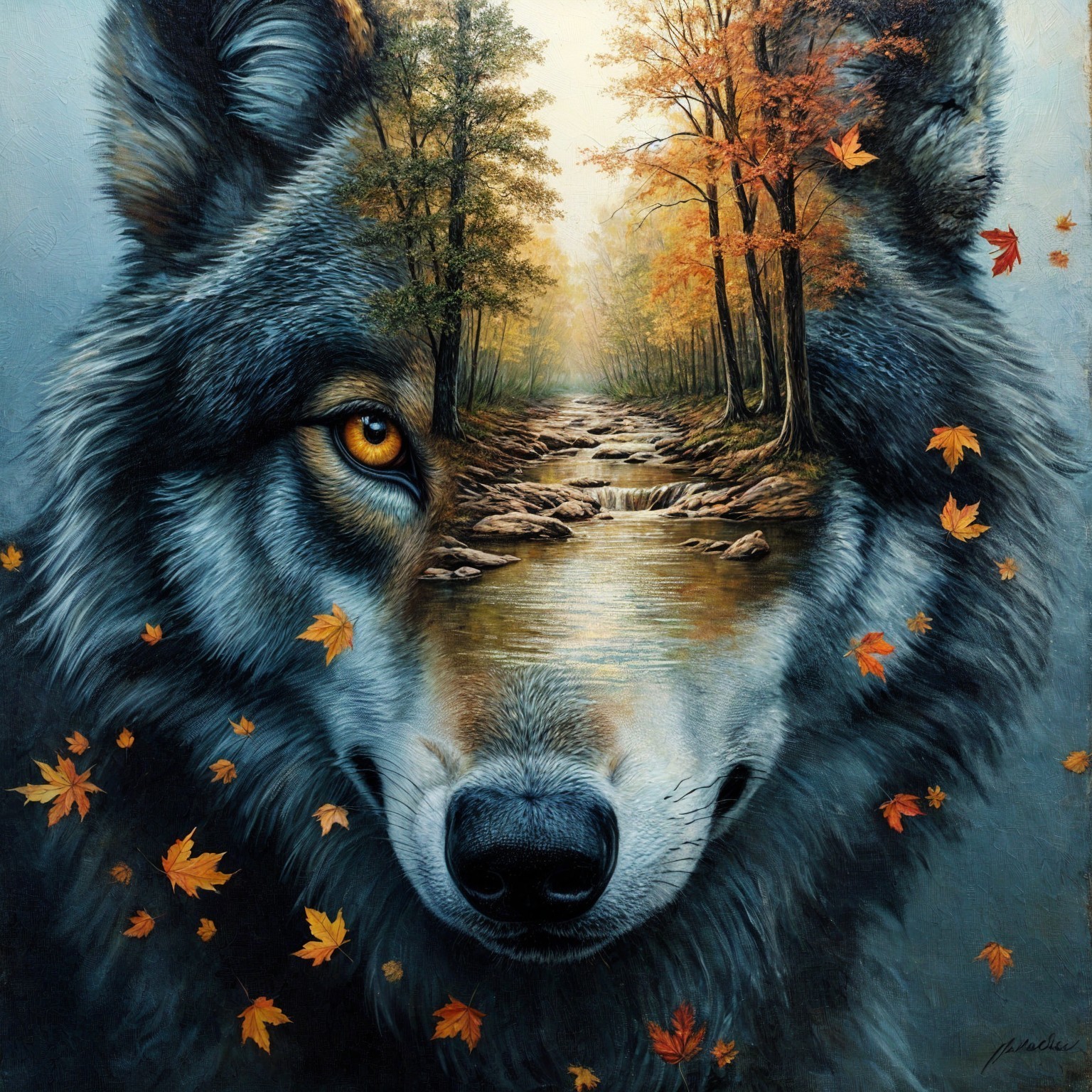 Wolf with Forest Landscape and Autumn Elements