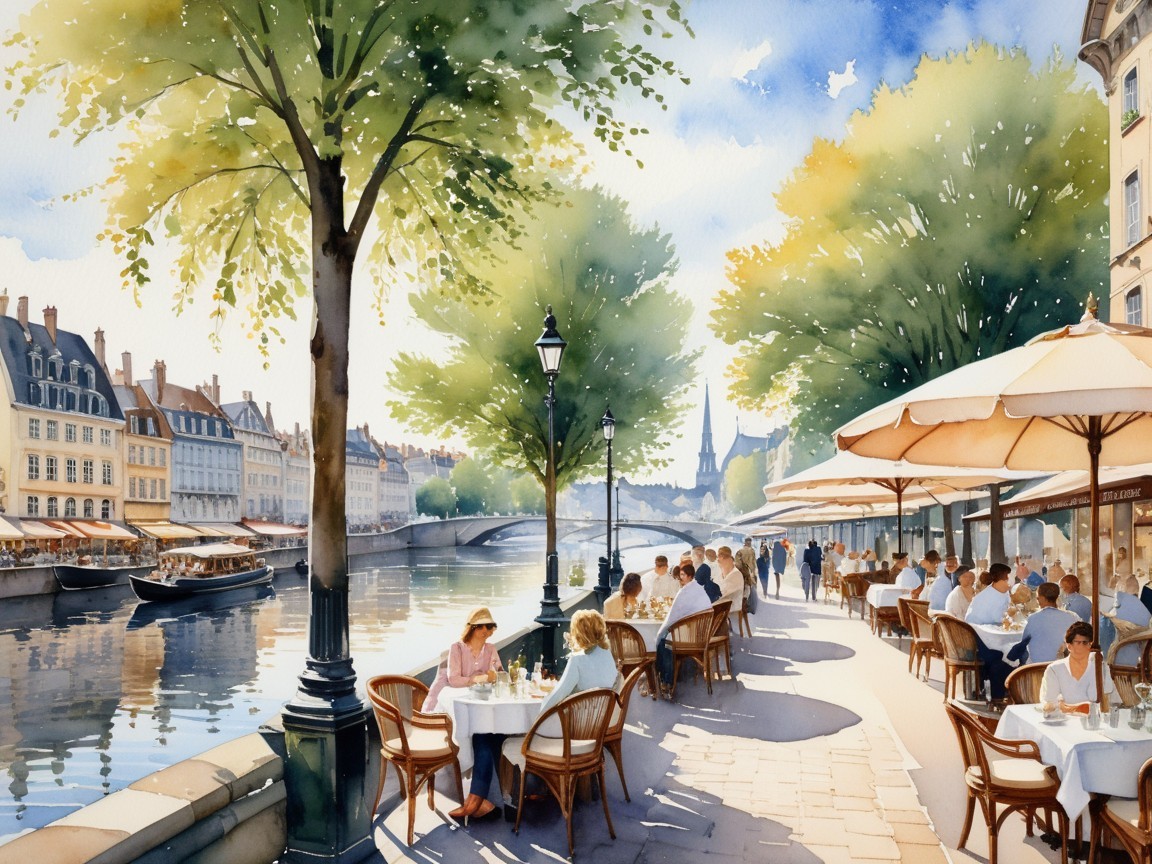 Riverside Café Scene with Lush Trees and Boats