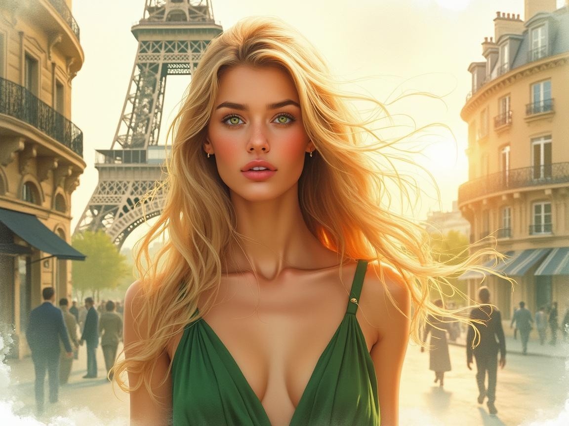 Portrait of a Woman with Blonde Hair by the Eiffel Tower