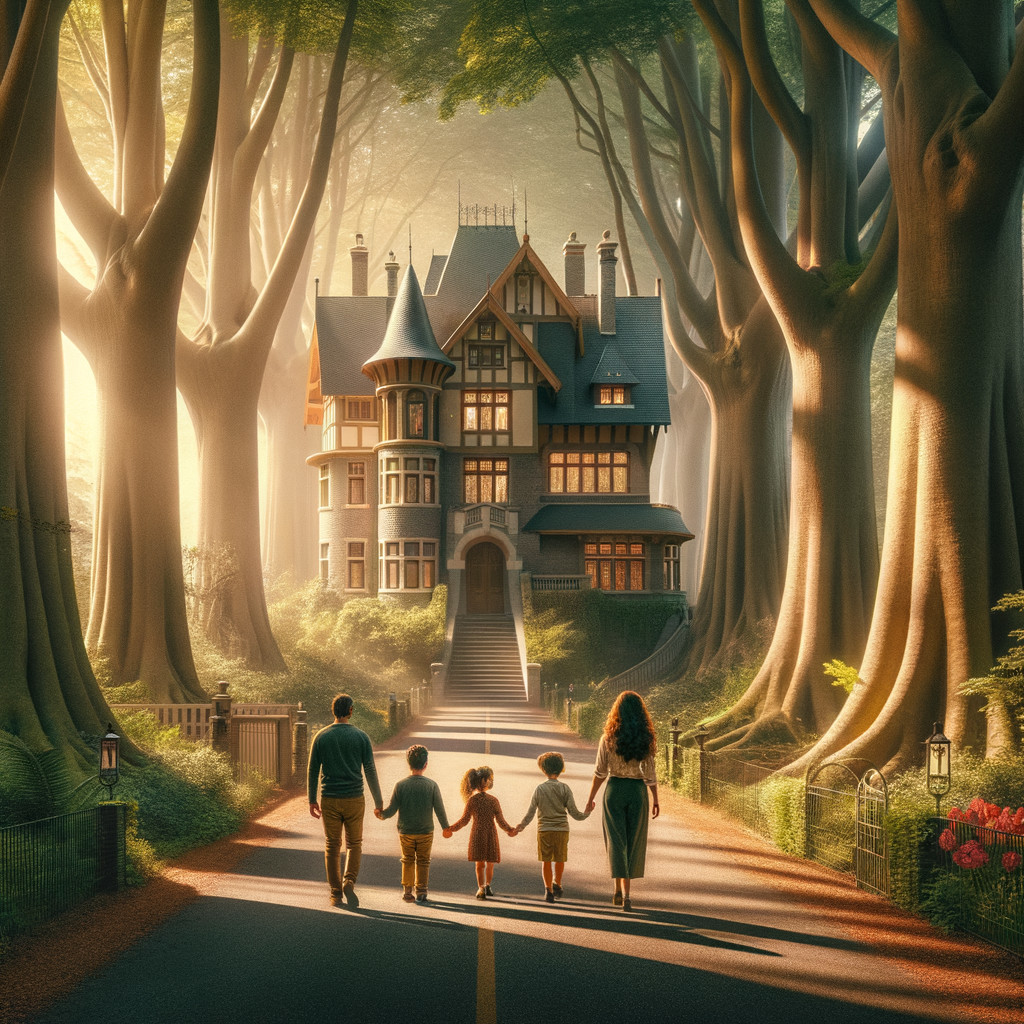 Family Stroll Toward Grand Old Mansion on Tree Path