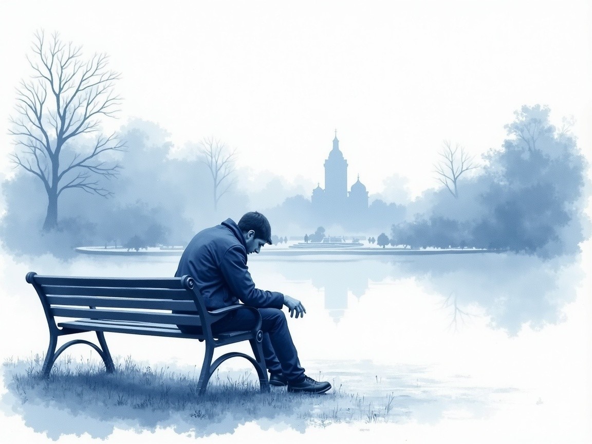 Solitary Figure by Serene Lake in Soft Blue Tones