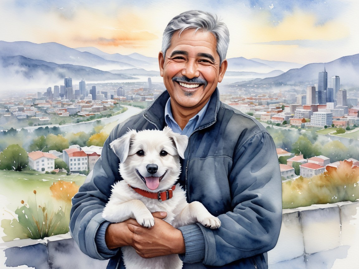 Cheerful man with dog overlooking scenic cityscape