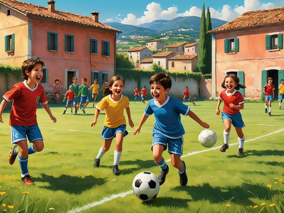 Children Playing Soccer in a Sunny Village Setting
