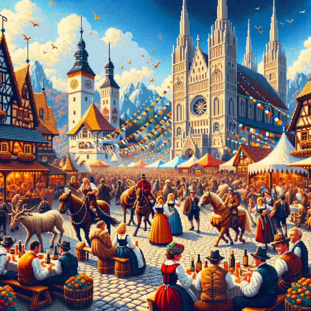 Vibrant Market Scene with Festive Activities and Mountains