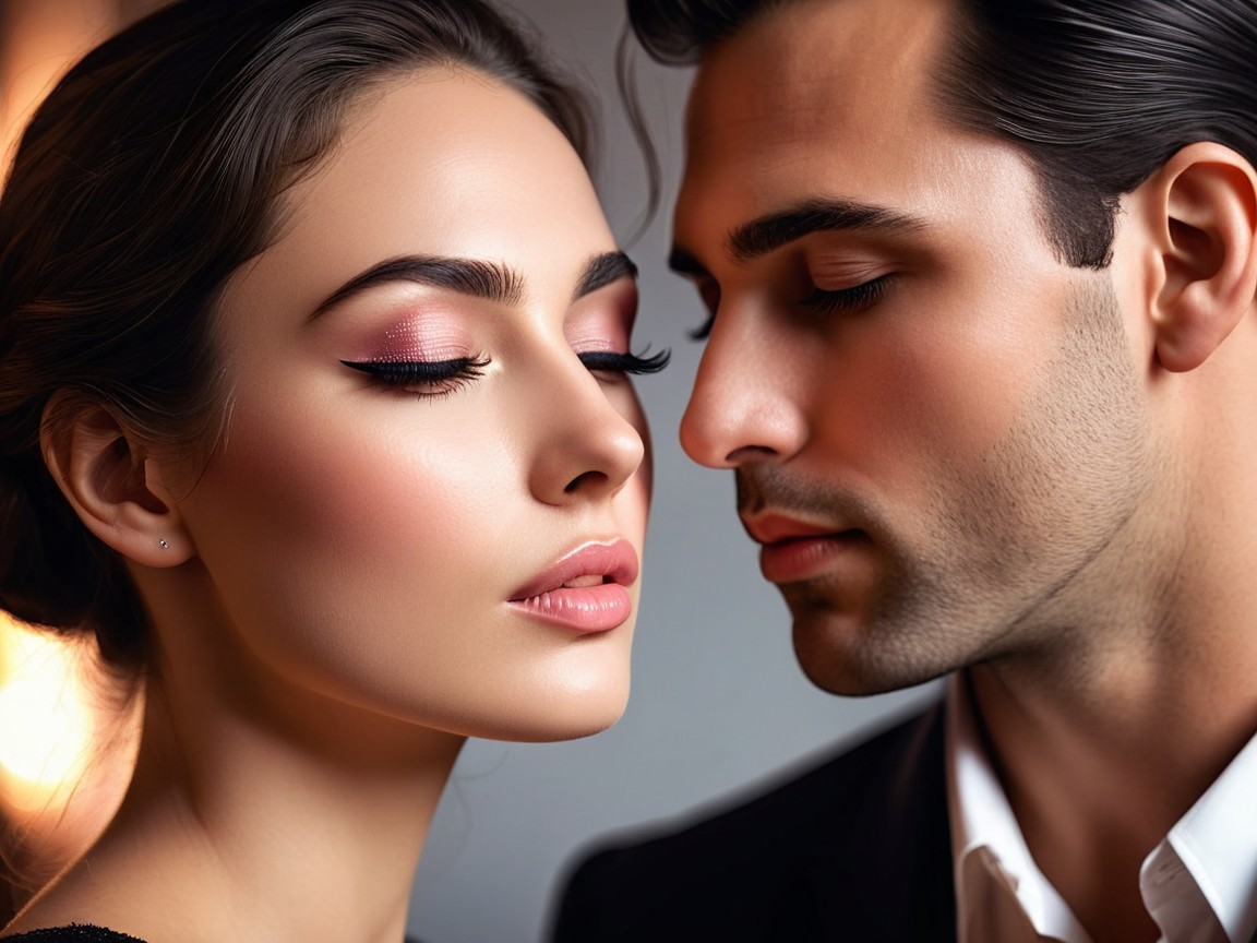 Close-Up Portrait of a Romantic Couple in Soft Lighting