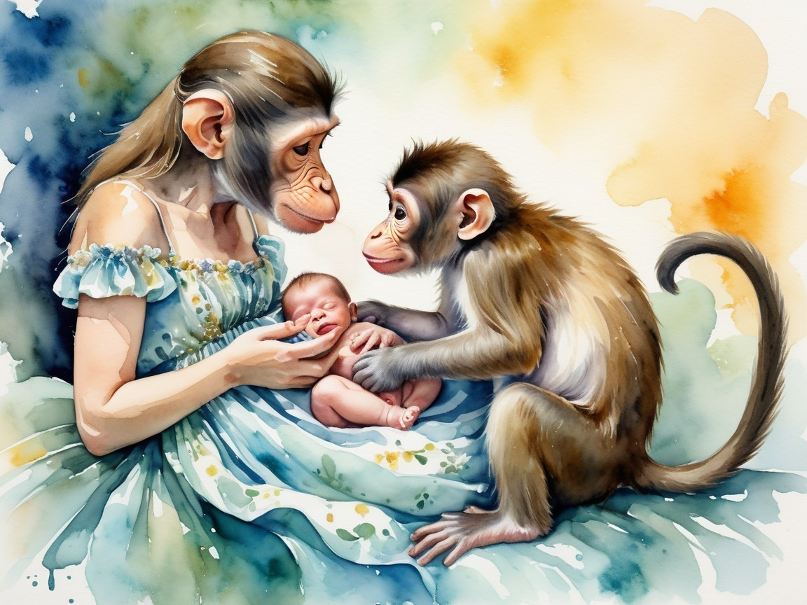 Watercolor Scene of Monkey Figure with Infant and Baby Monkey