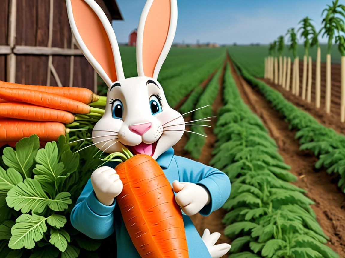 Cheerful rabbit on a vibrant vegetable farm scene