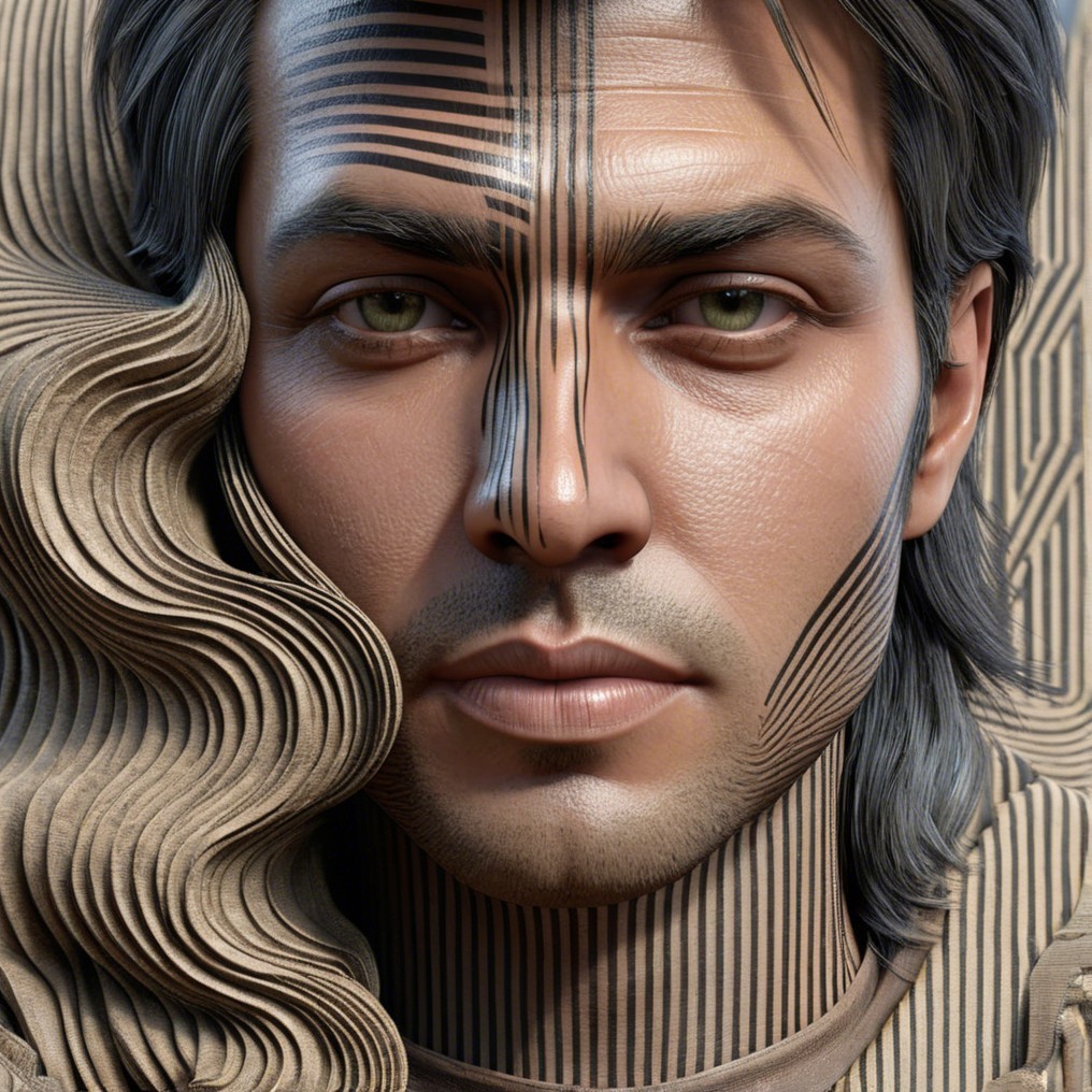 Close-up of a man with intricate skin patterns and wavy hair