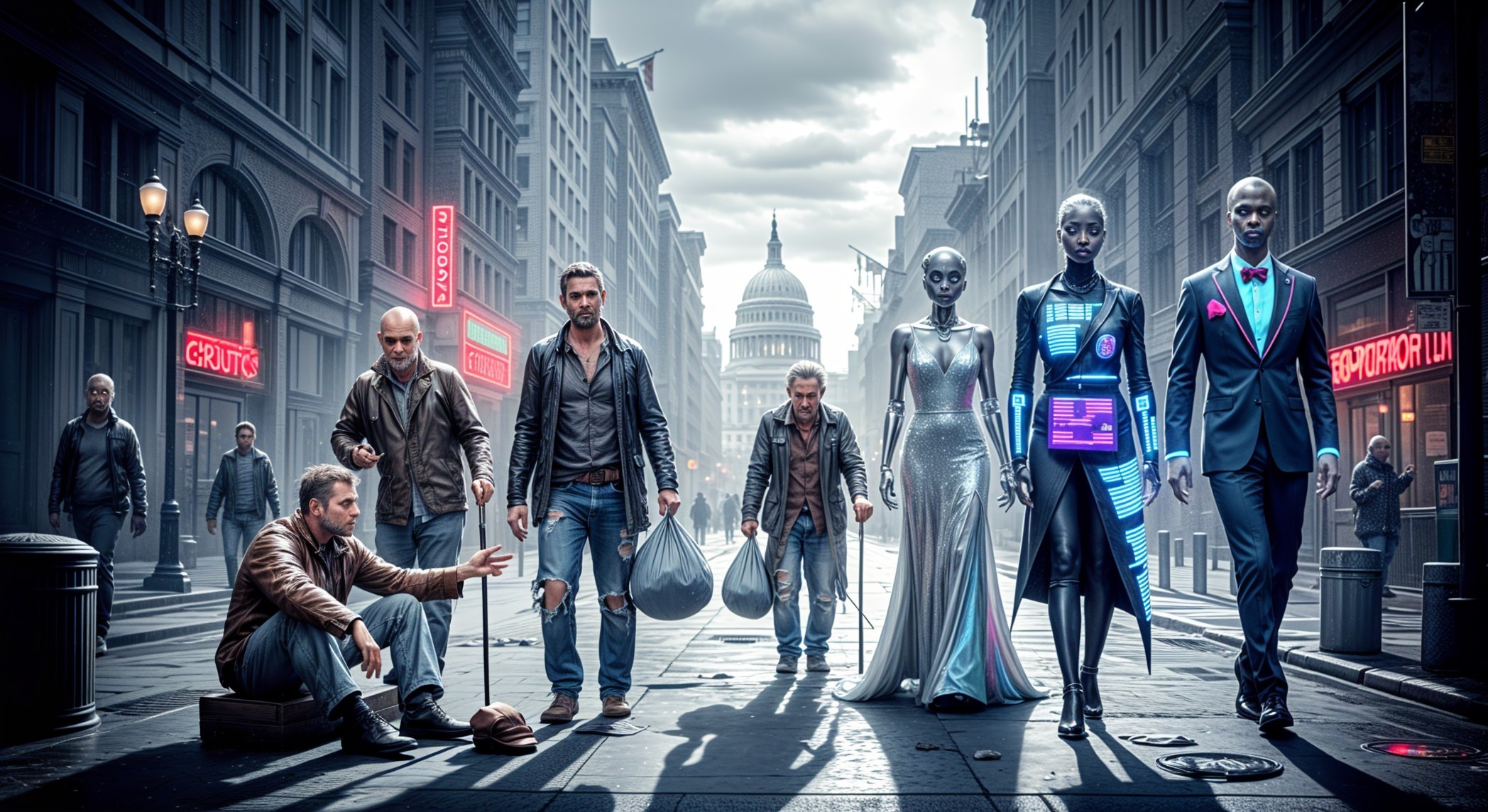 Futuristic Urban Scene with Diverse Characters and Robots