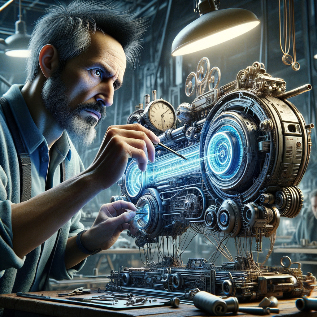 Futuristic Machine Assembly in Steampunk Workshop