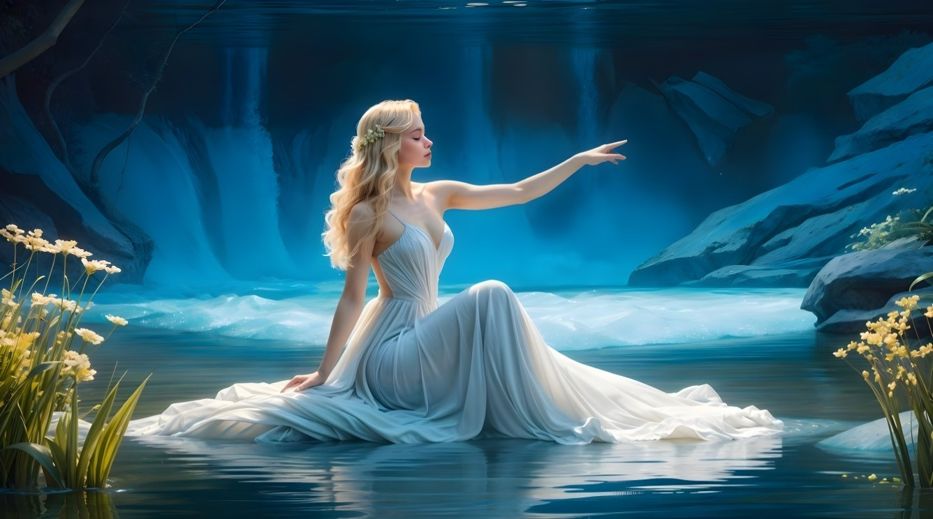 Serene figure in white gown by tranquil blue lagoon