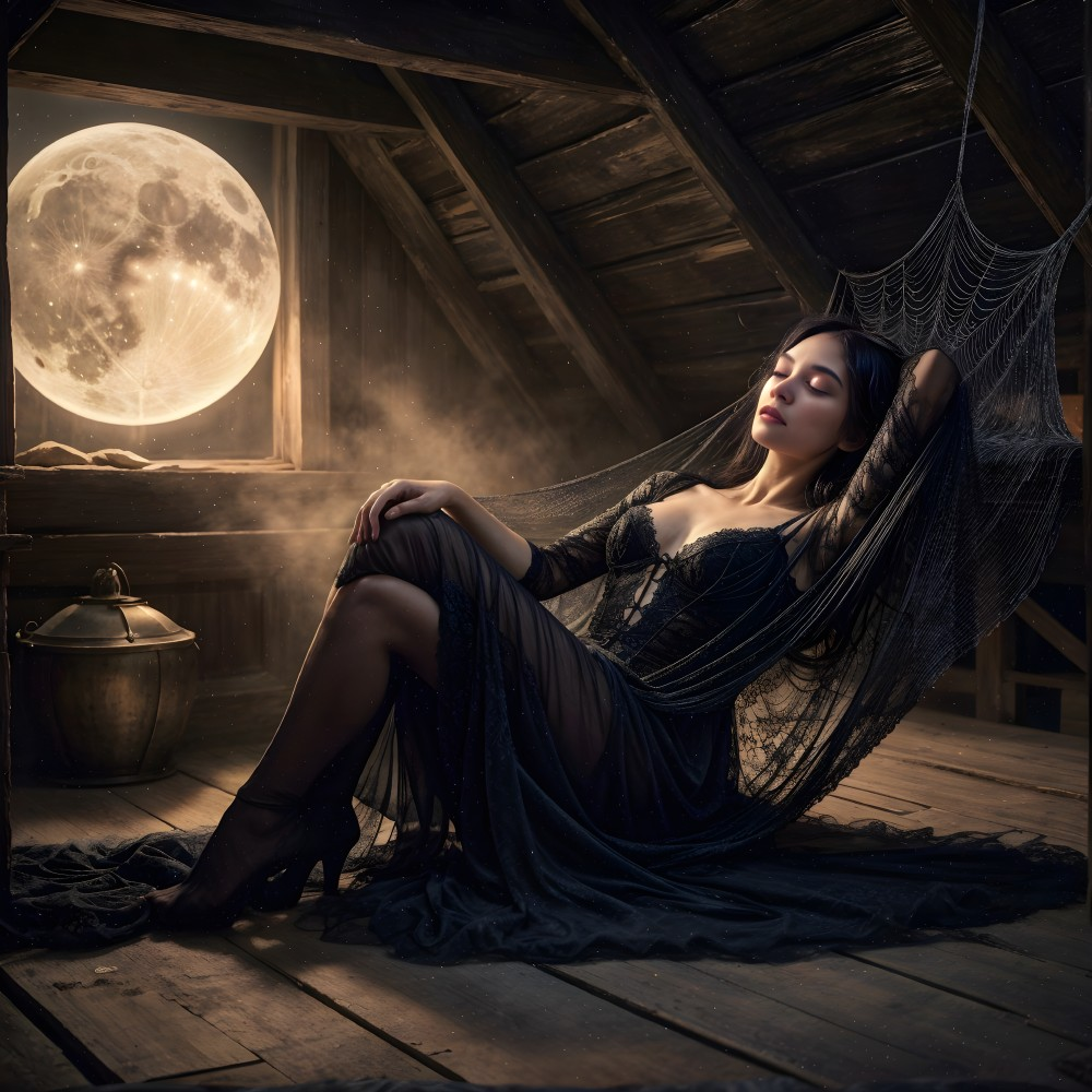 Woman in Black Dress Reclining in Moonlit Attic