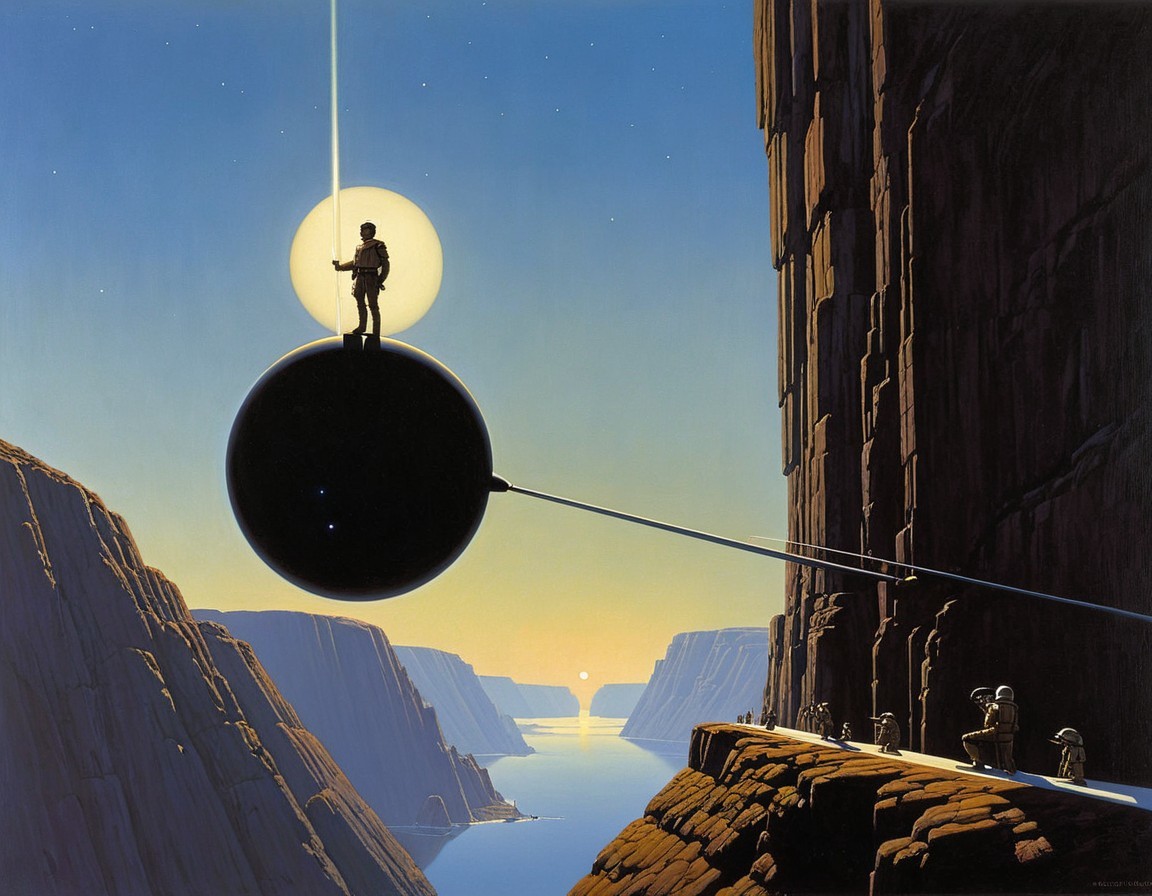 Futuristic landscape with a lone figure and cliffs