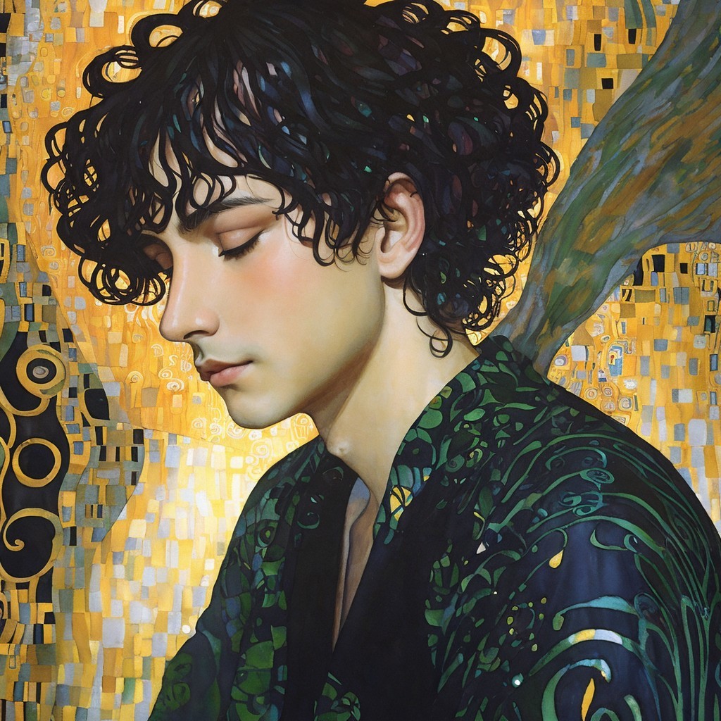 Profile of Young Man in Green Robe with Gold Background
