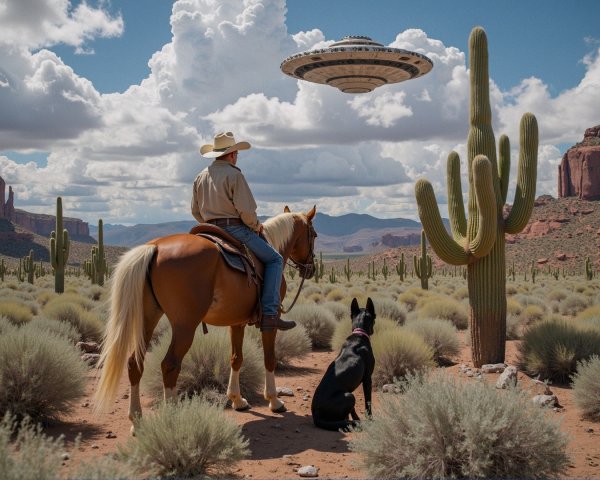 Cowboy and Horse Observe UFO in Desert Landscape