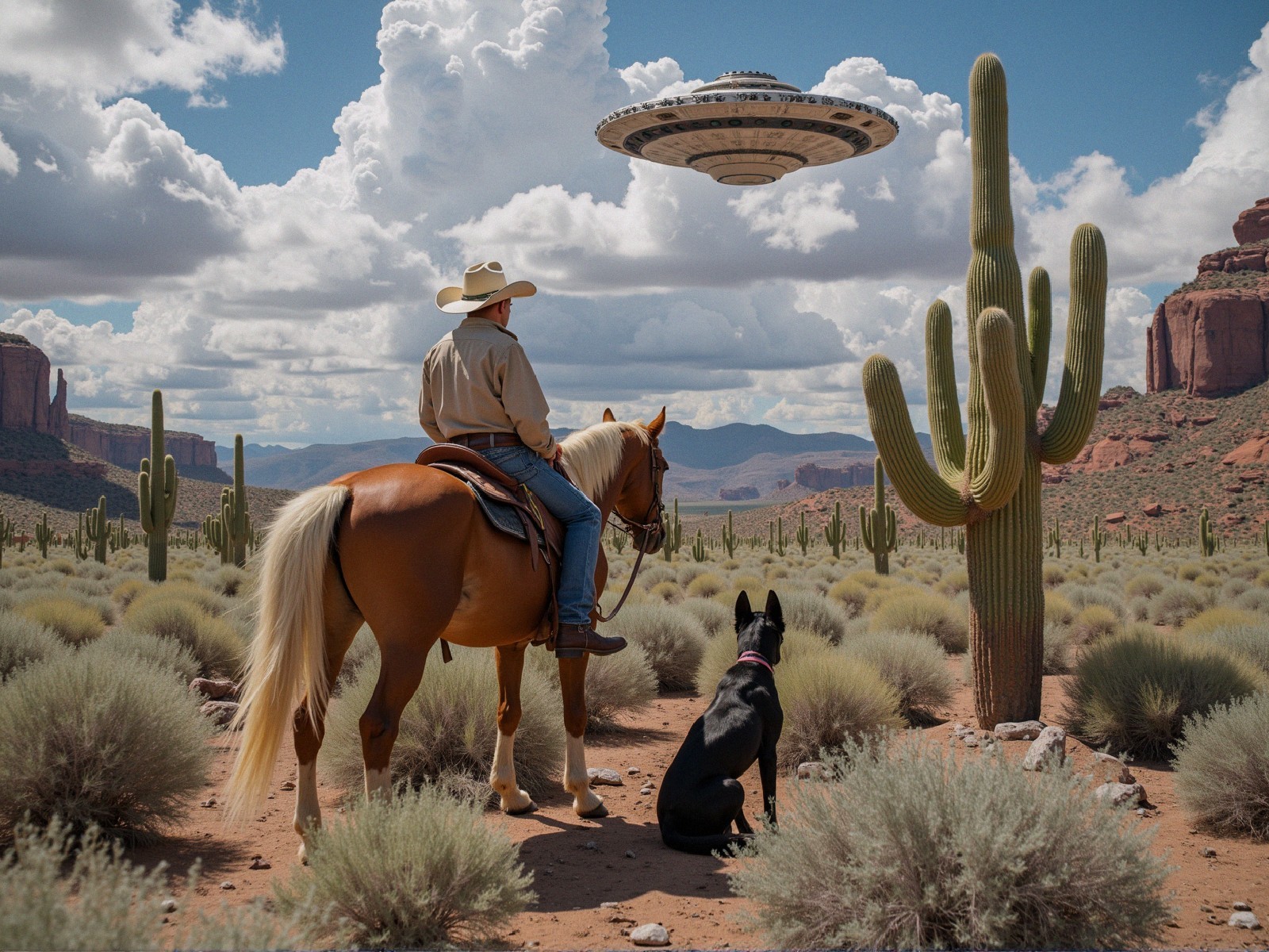 Cowboy and Horse Observe UFO in Desert Landscape