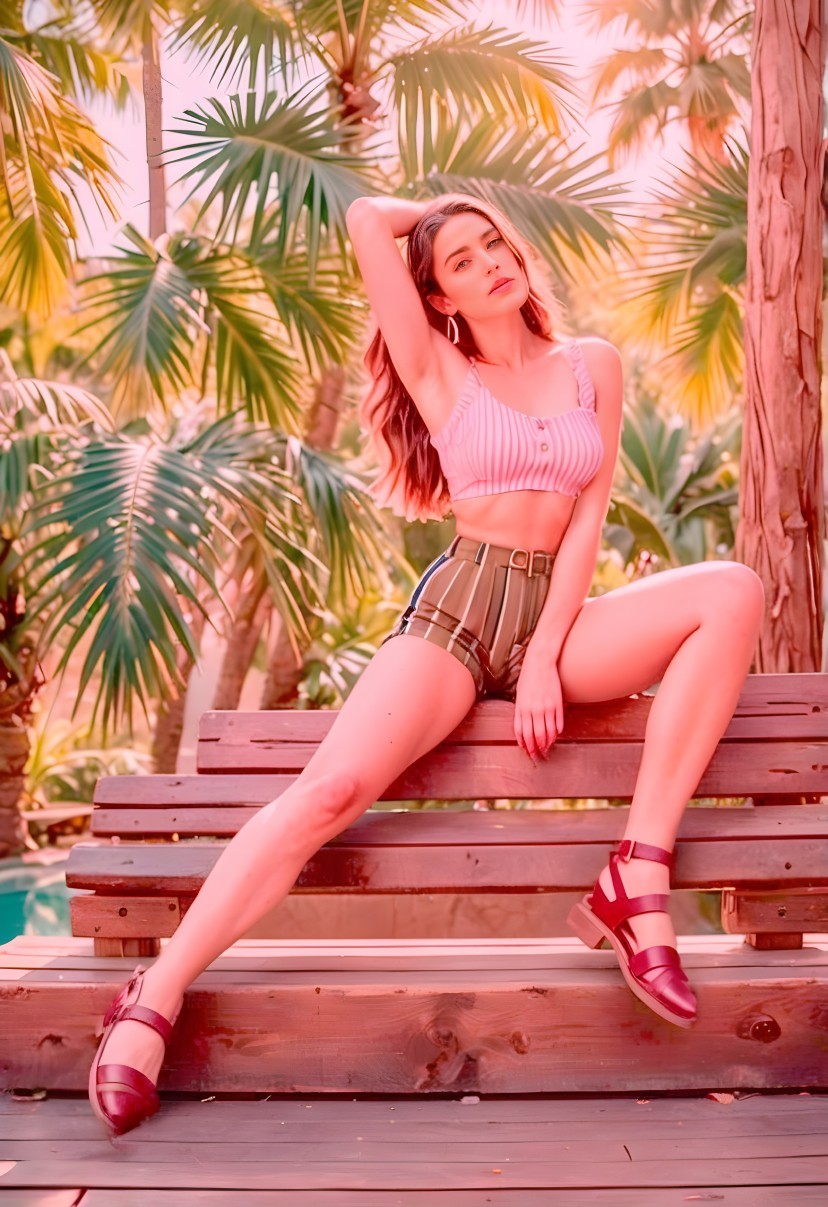 Young woman in stylish summer outfit by palm trees