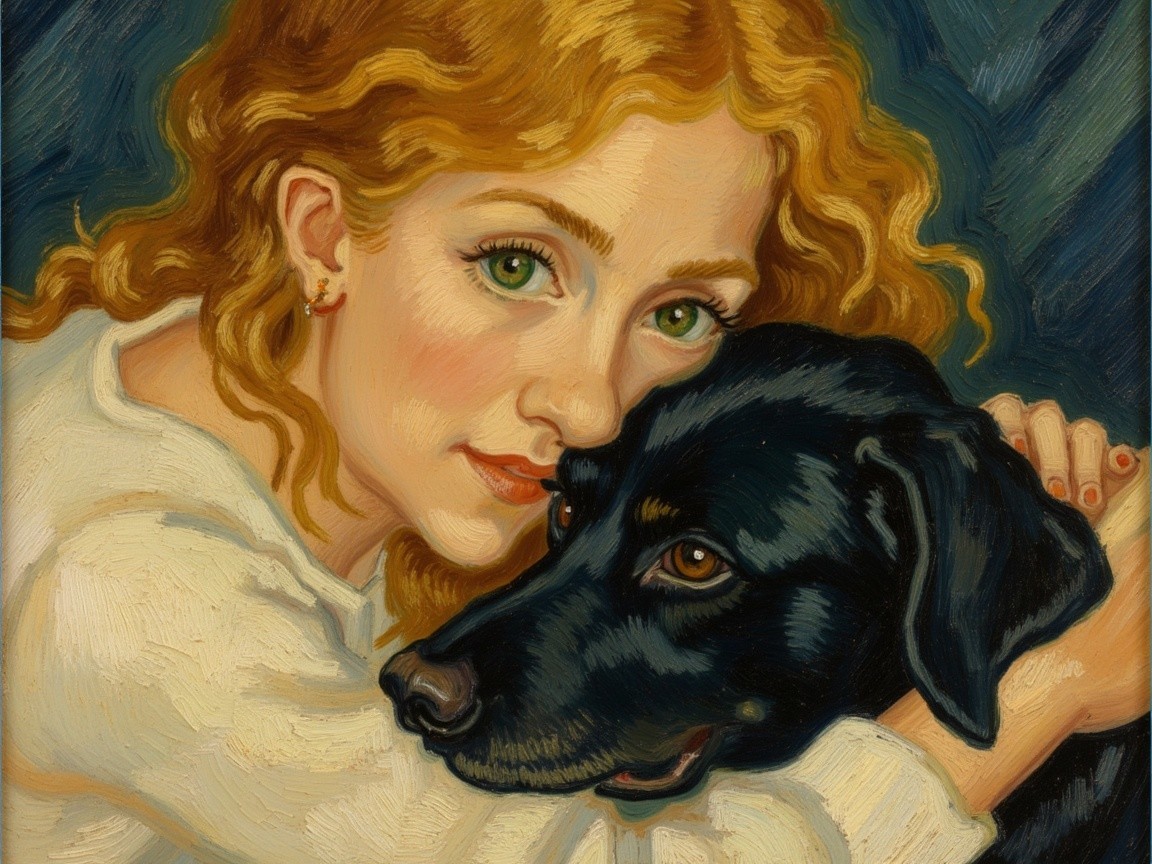 Young girl with golden curls embraces a black dog
