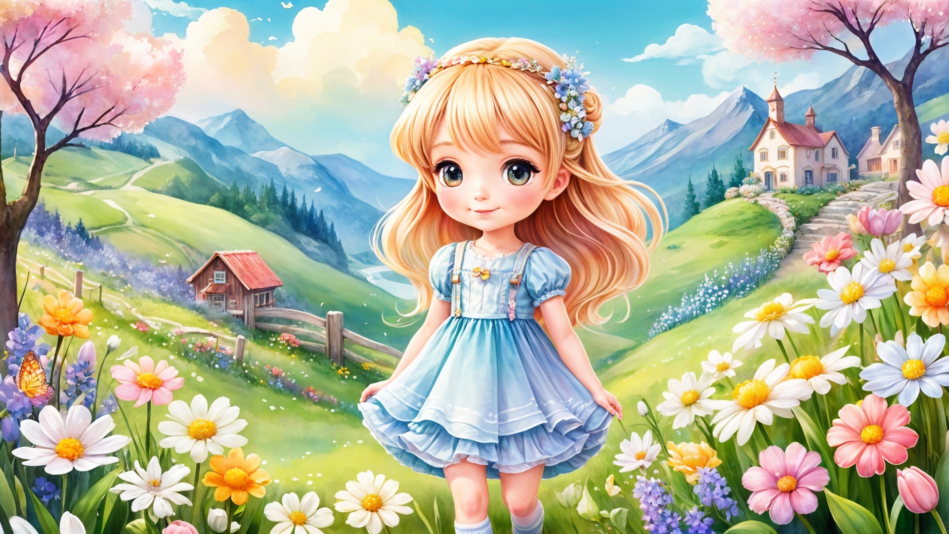 Whimsical Landscape with Girl in Blue Dress and Flowers