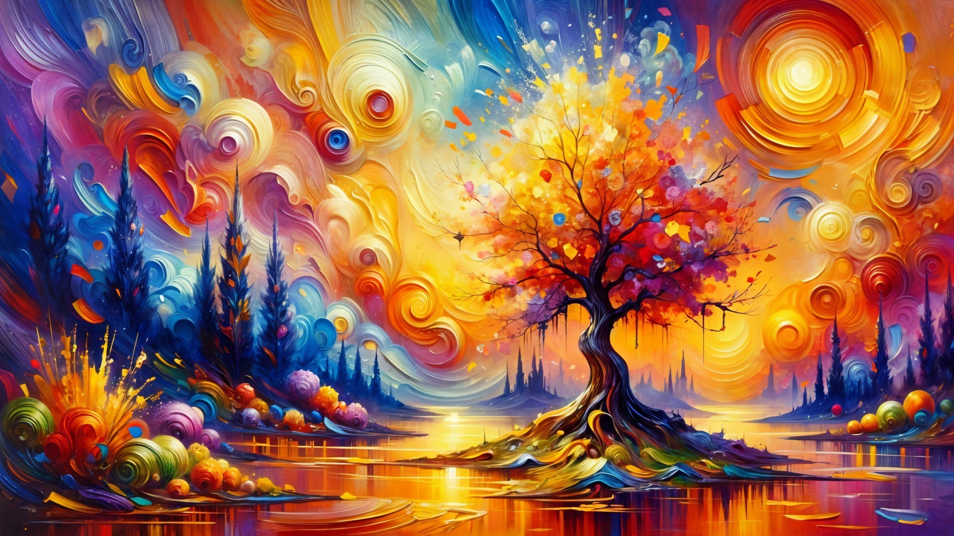 Vibrant autumn landscape with solitary tree and water