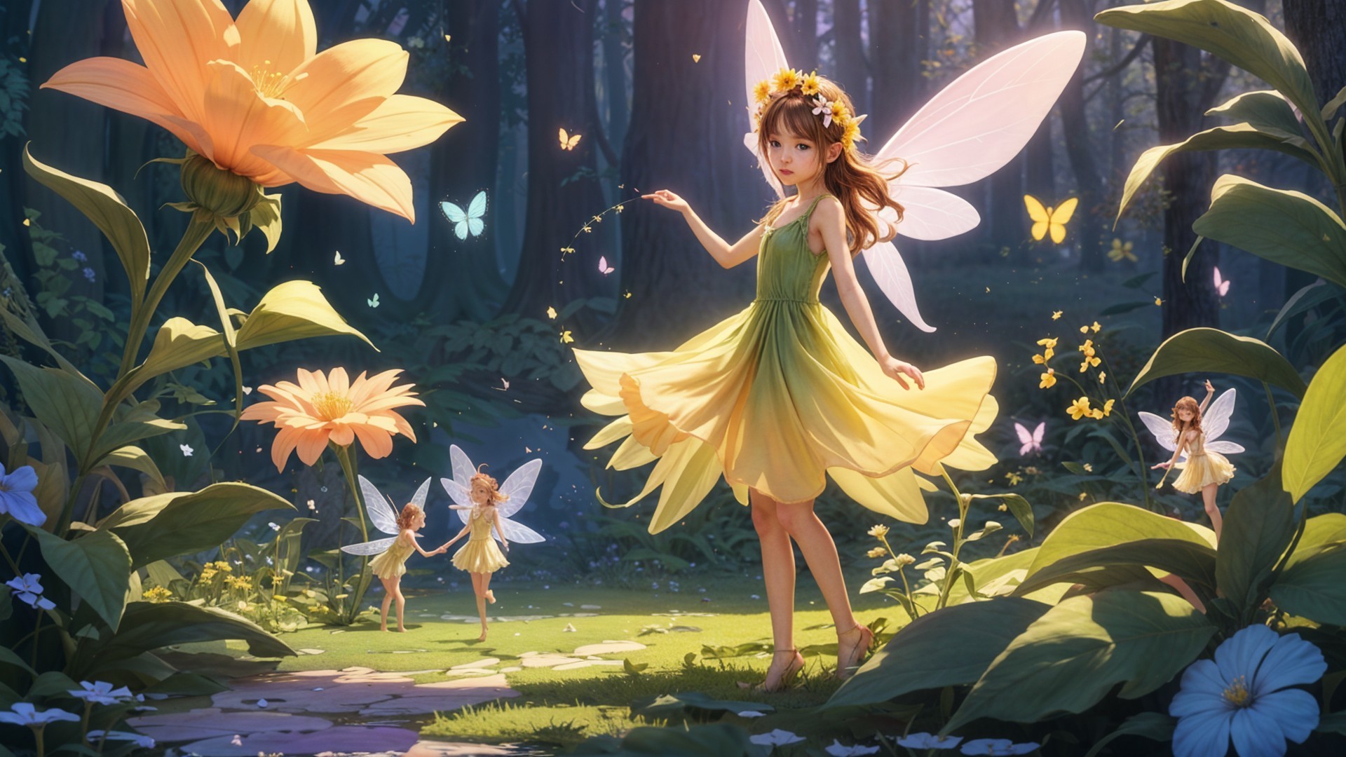 Fairy Scene in a Magical Forest with Glowing Particles