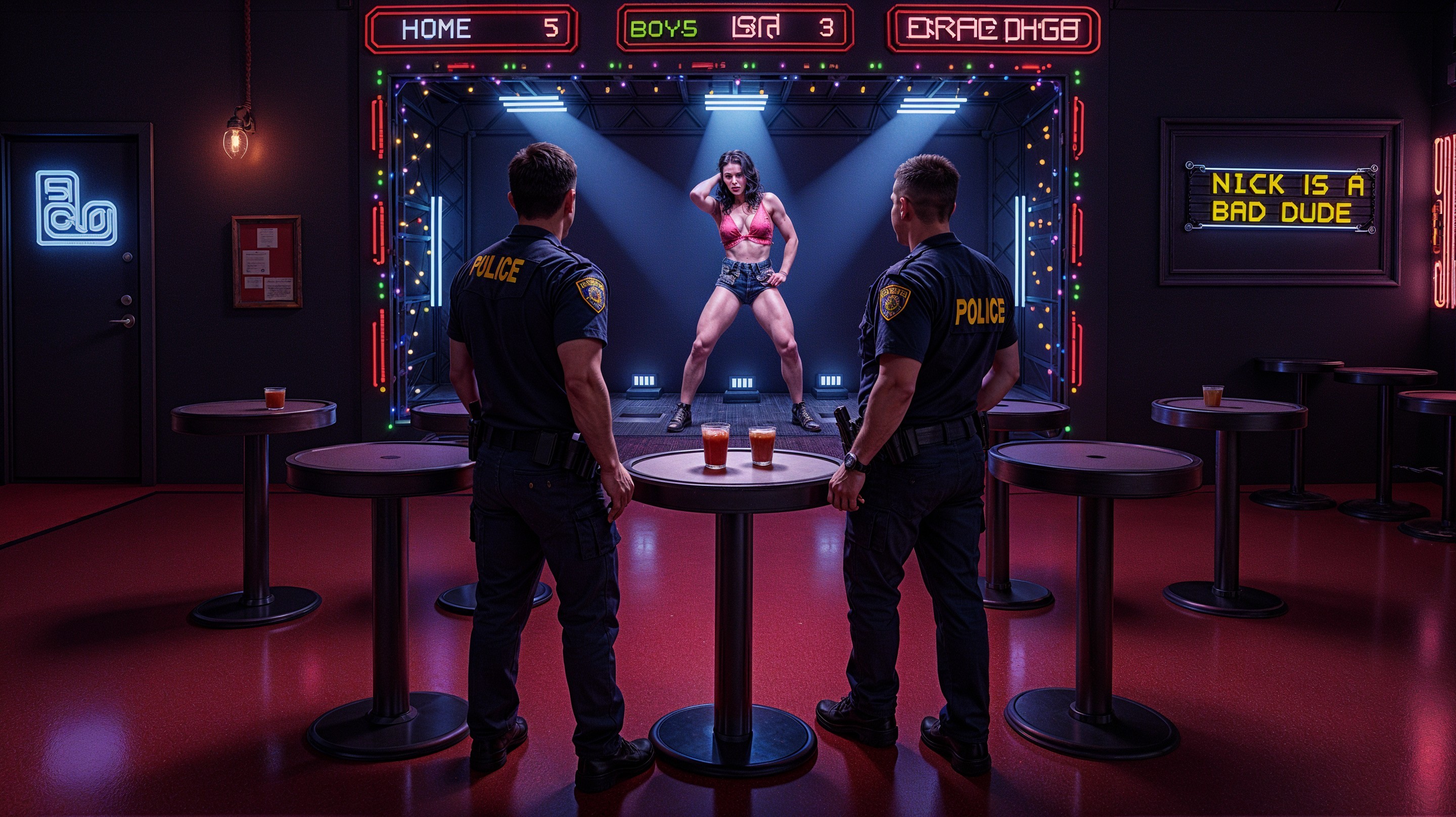 Police Officers Observe Performer in Neon-lit Bar
