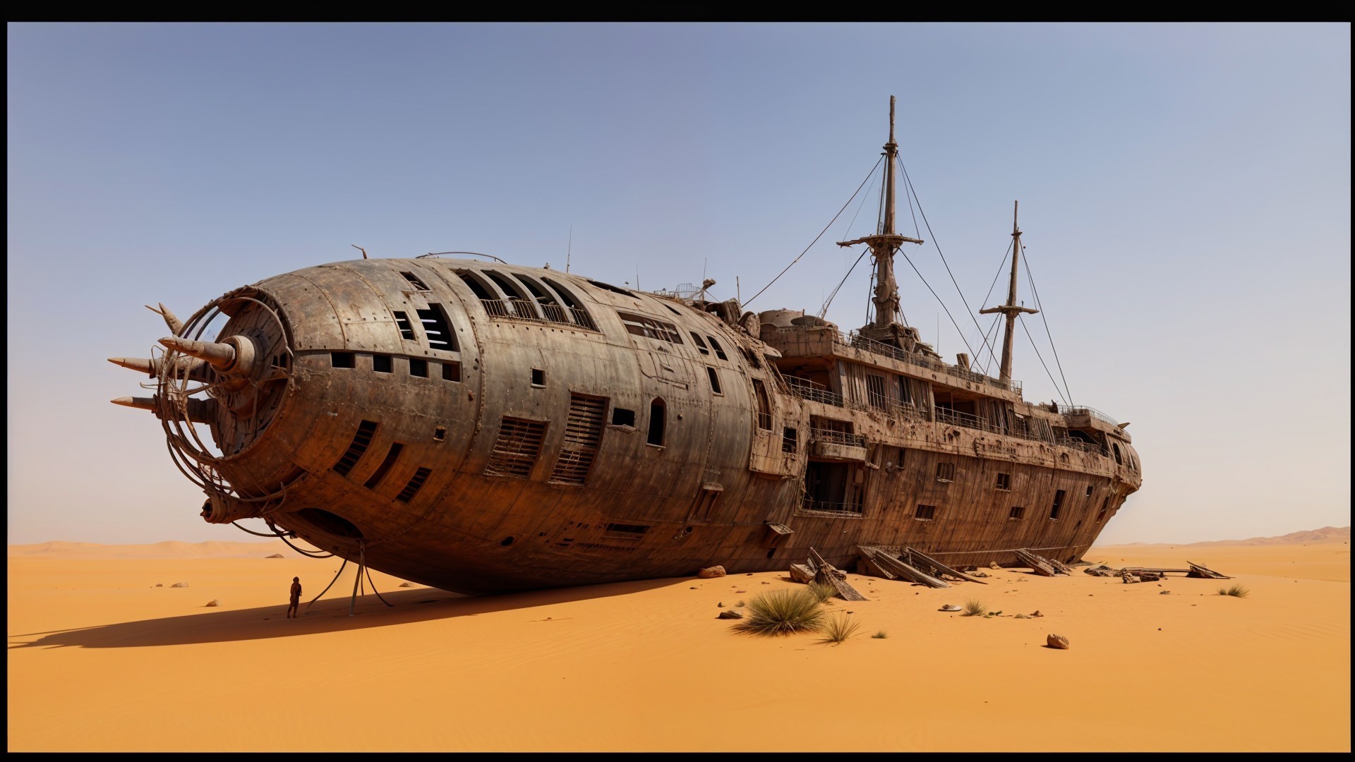 Rusted Spaceship Stranded in Desert Landscape