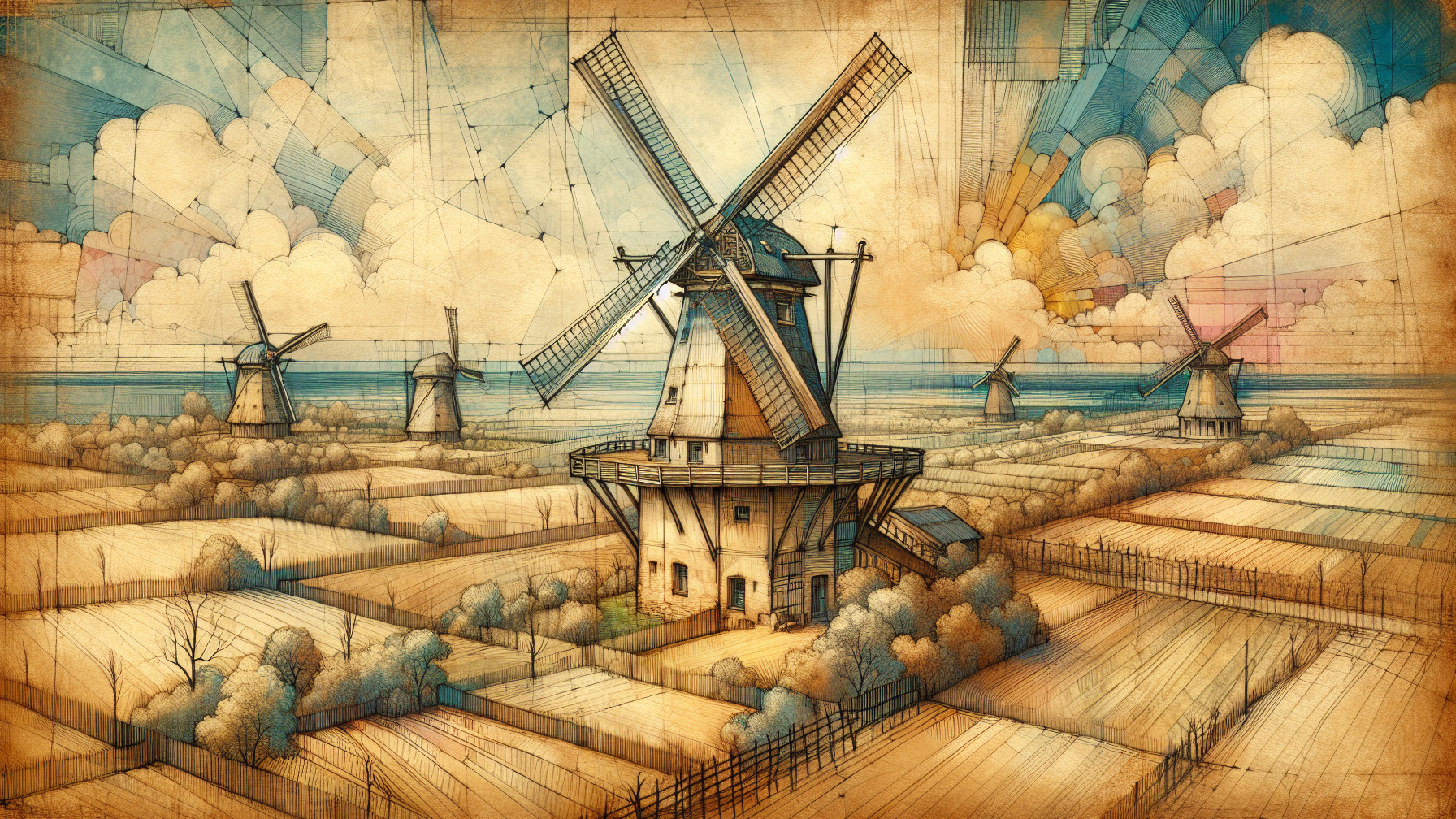 Stylized Windmills in a Vibrant Landscape Scene